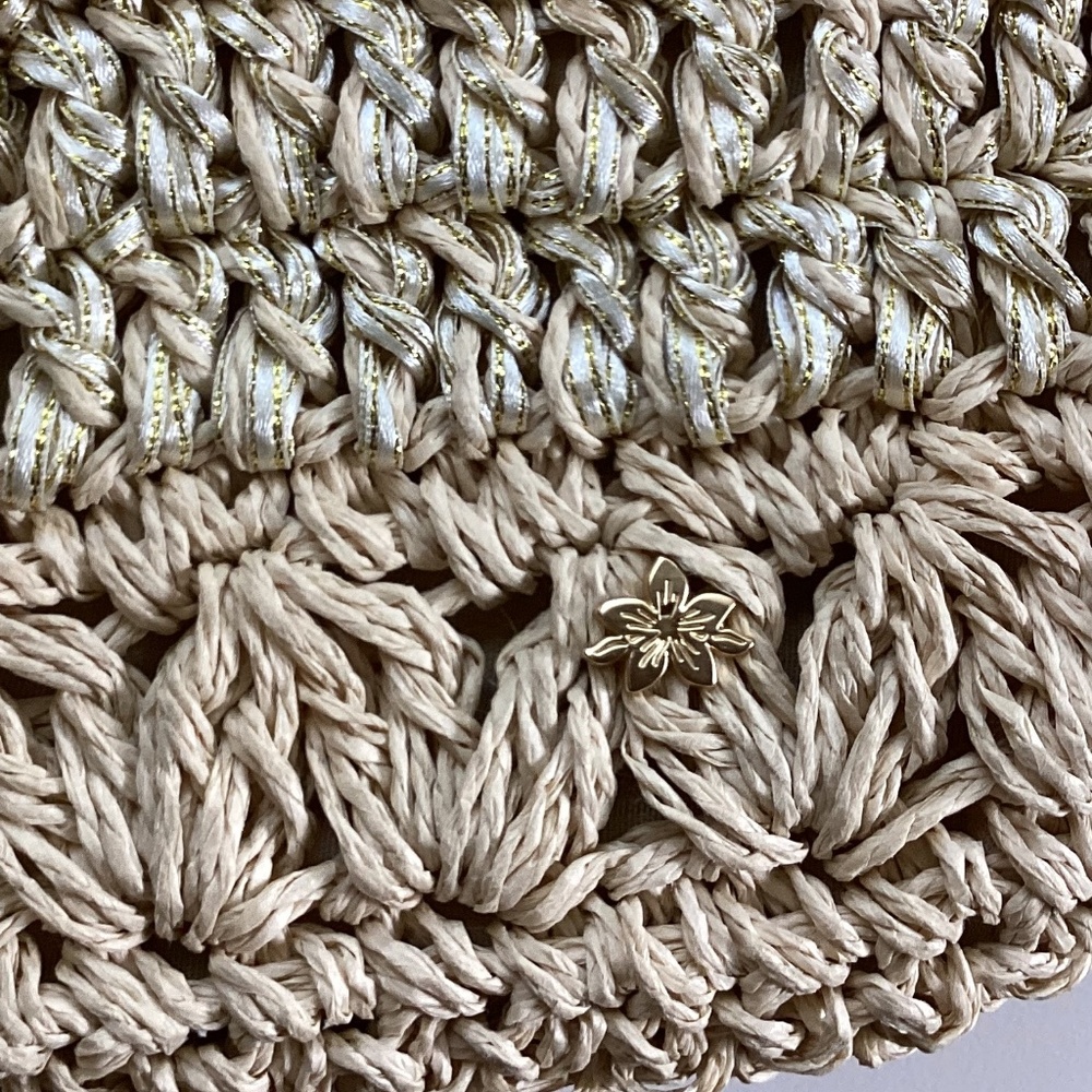 Cappelli Straworld Purse Handbag Round Beaded Jewel Handles Beige/Gold Lined - Picture 9 of 14